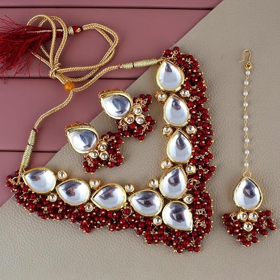 Tehzeeb Creations Back Meenakari Gold-Polished Tika Earring Combo Uncut Big Faux Kundan Choker Necklace set