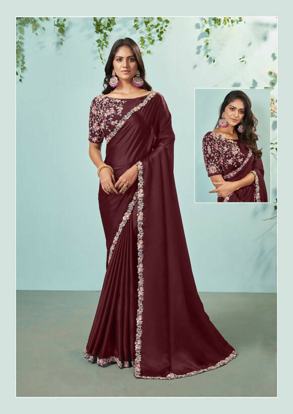 Maroon Silk crepe Solid Saree With Unstitched Blouse Piece - Norita Ikshita