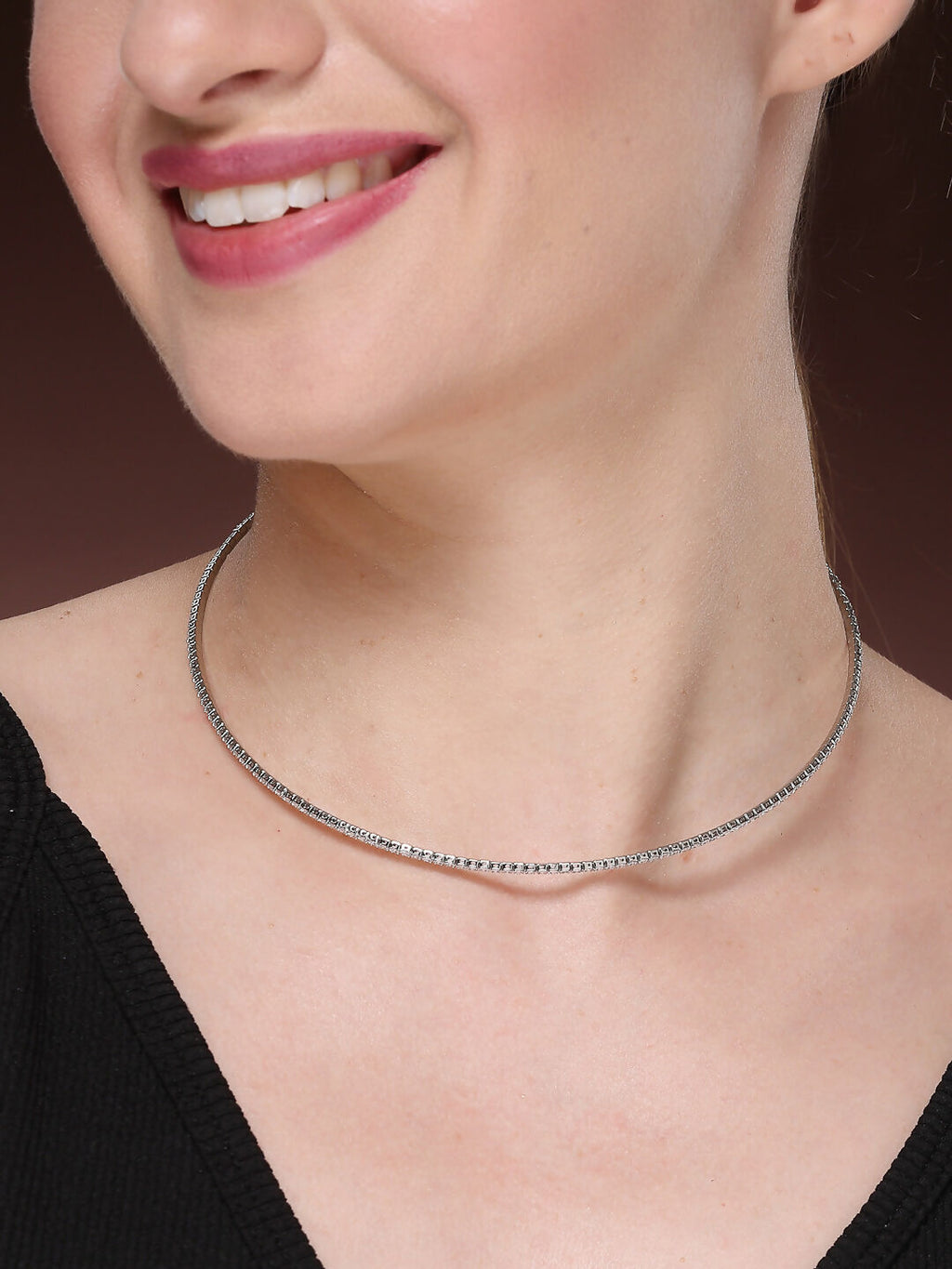 NVR Women's Silver-Toned CZ-Studded Choker Necklace