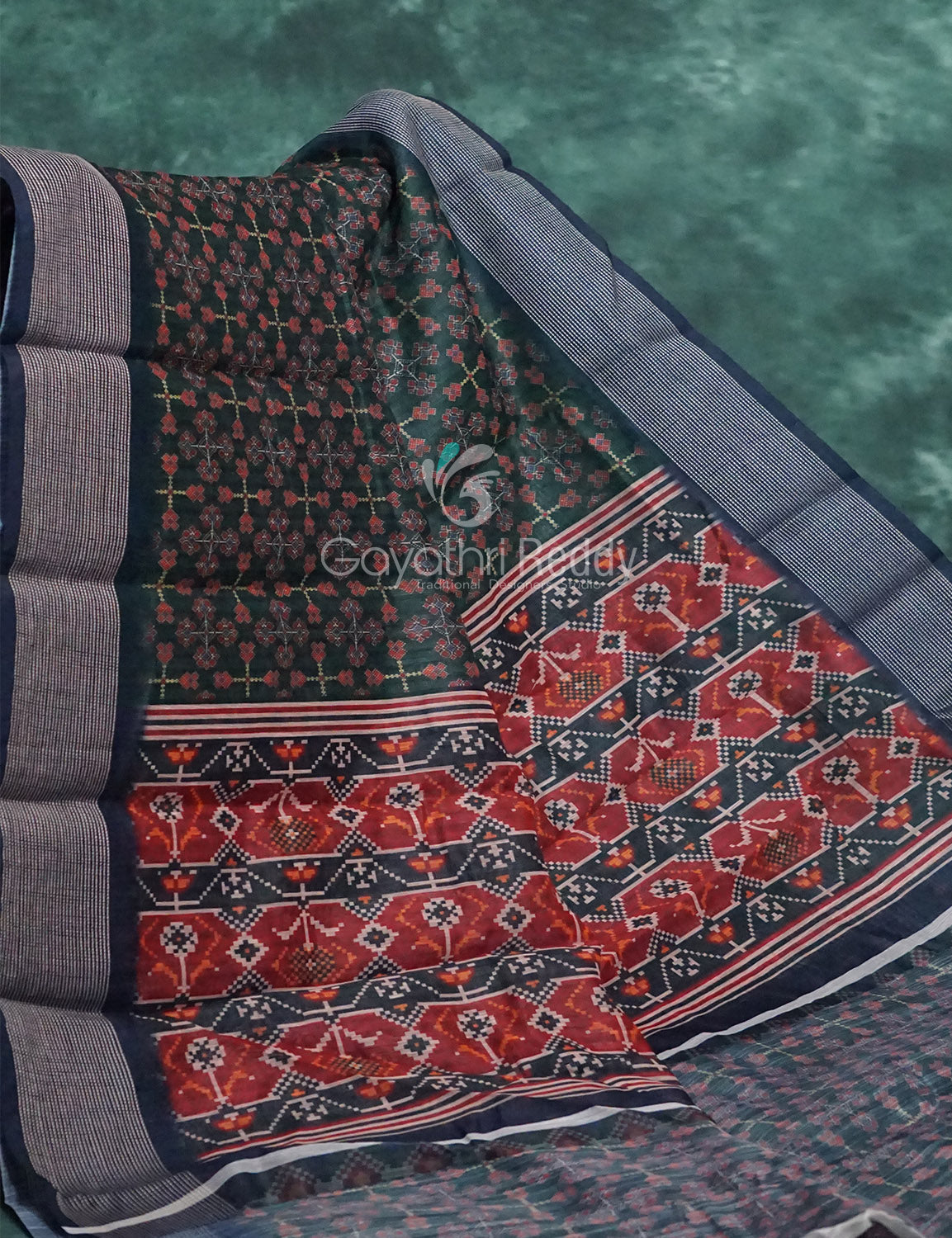 Dark Green and Navy Blue Geometrical Print Semi Chanderi Saree By Gayathri Reddy Designer Studio - Distacart