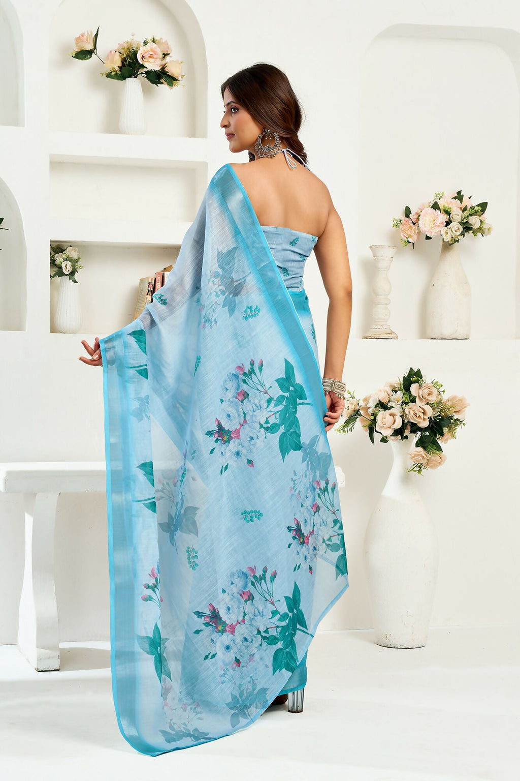 Vastranavya Sea Blue Digital Printed Linen Ready To Wear Designer Saree with Unstitched Blouse - Distacart