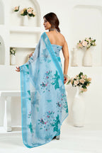 Vastranavya Sea Blue Digital Printed Linen Ready To Wear Designer Saree with Unstitched Blouse - Distacart