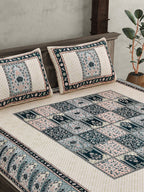 JAIPUR FABRIC Beige & Green Ethnic Motifs Cotton 210 TC Queen Bedsheet & 2 Pillow Covers