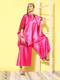 InWeave Women's Pink Green Brocade Satin Boho Kurta Palazzo Set