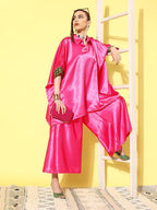 InWeave Women's Pink Green Brocade Satin Boho Kurta Palazzo Set
