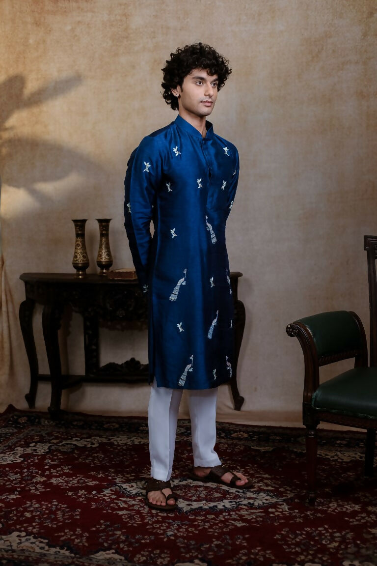 Falling Raw Silk Navy Blue Neel Mayura Kurta Set By Hilo Design