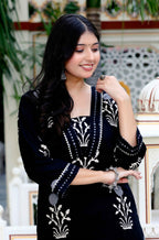 Miravan Women's Cotton Gota Patti Black Floral Printed Straight Kurta Palazzo Set