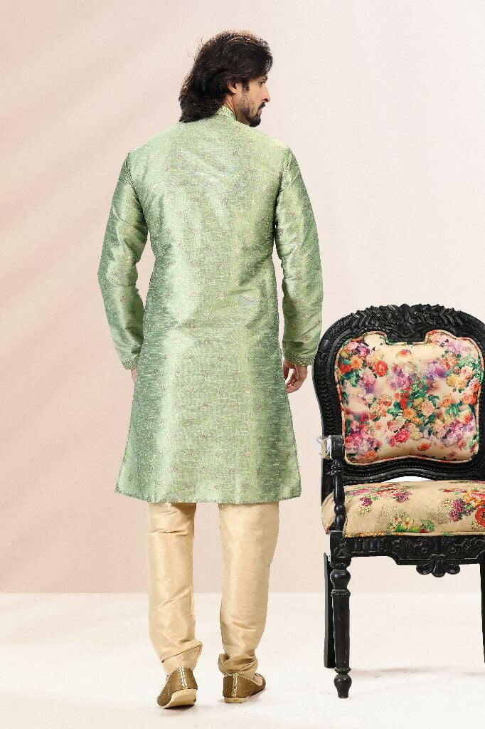 Raivat Ethnic Jacquard Banarasi Silk Pintux Work Kurta Pajama In Green Colour