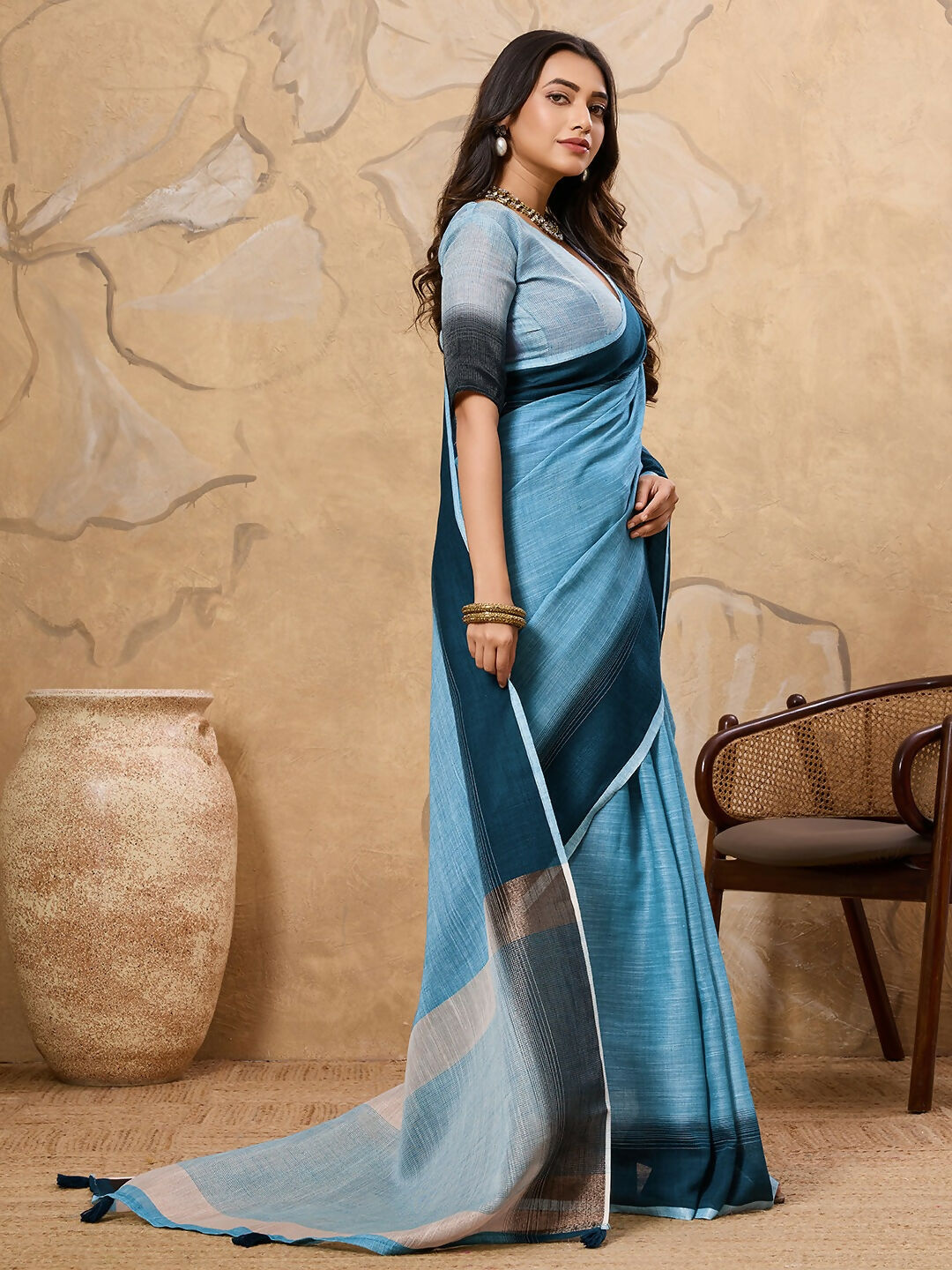 Shree Shyam Fashion Sky Blue Linen Saree - Distacart