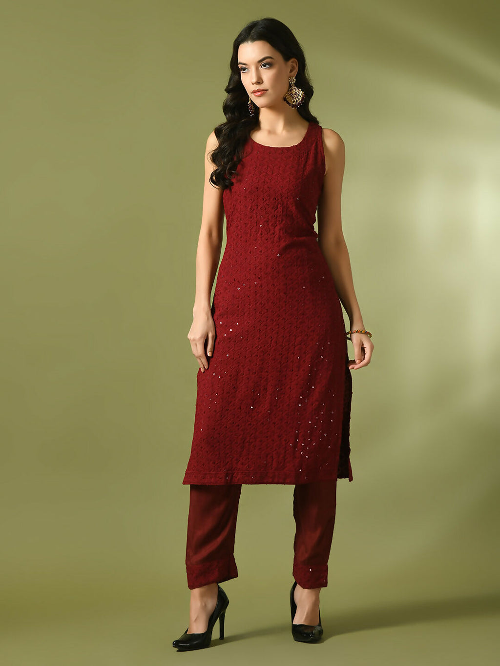 Myshka Women's Maroon Embroidered Cotton Straight Party Kurta Set