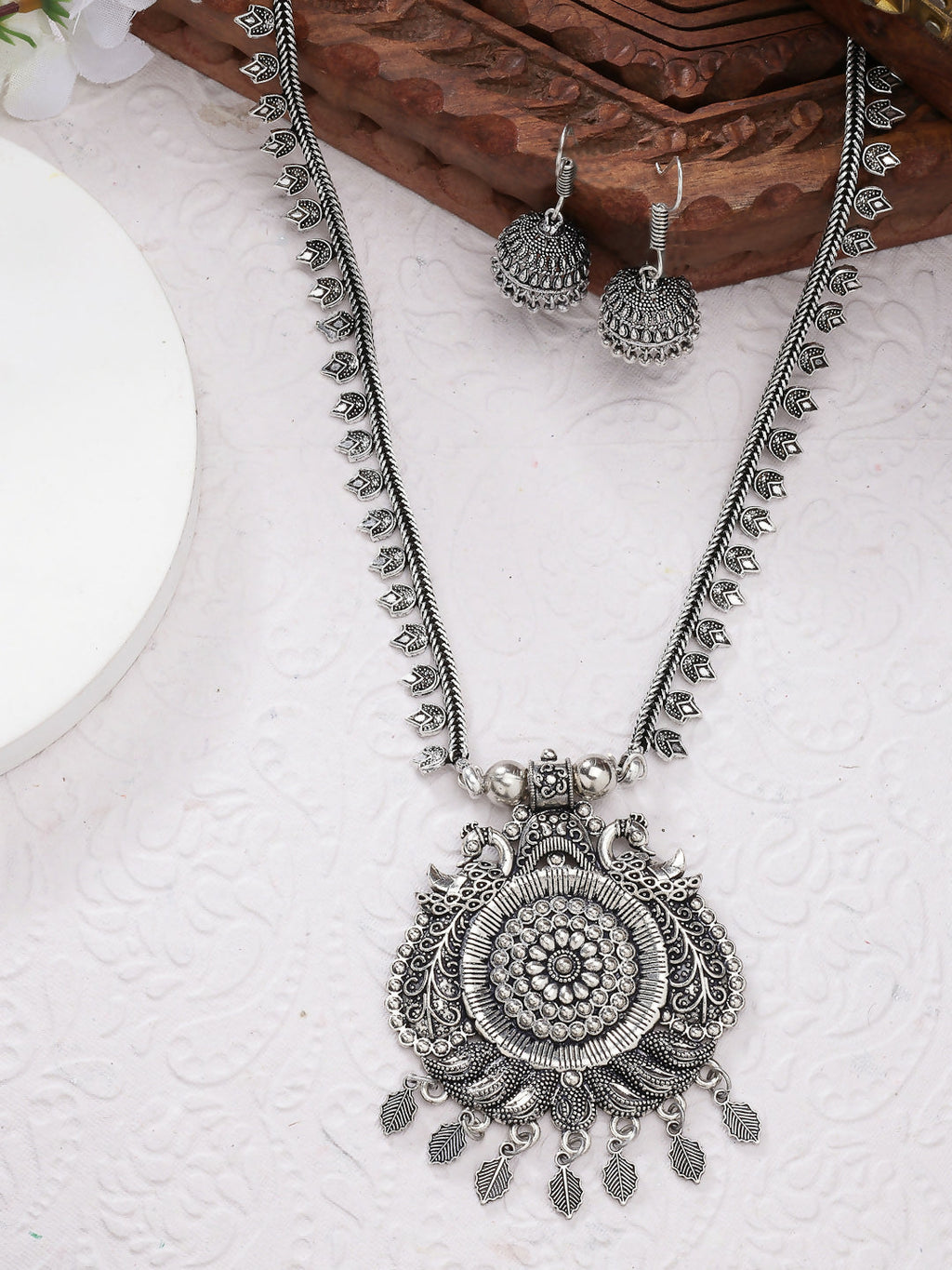 NVR Women's Silver-Toned Peacock Design Oxidized Necklace with Jhumka Earrings