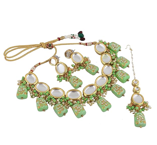 Tehzeeb Creations Back Meenakari Gold-Polished Tika Earring Jewellery Set Uncut Kundan Big Faux Kundan Dibbi Kundan Choker Necklace Set