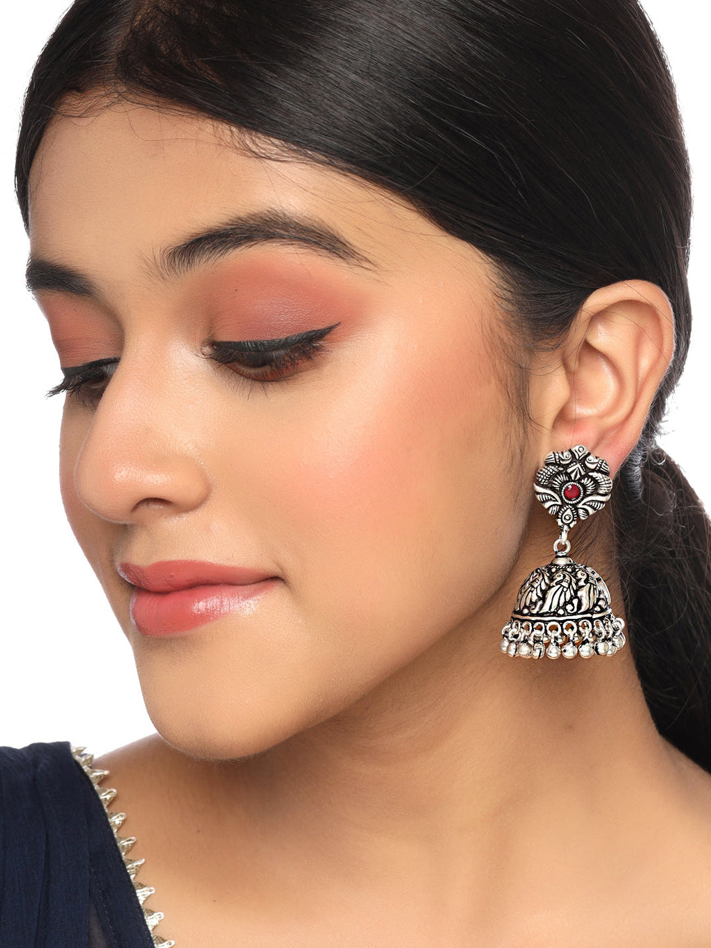 Yellow Chimes Silver-Plated Kolhapuri Peacock Design Jhumkas Earrings - Distacart