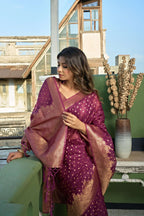 Vardha Wine Golden Zari Banarasi Organza Saree