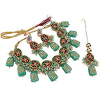 Tehzeeb Creations Back Meenakari Gold-Polished Tika Earring Jewellery Set Uncut Kundan Big Faux Kundan Dibbi Kundan Choker Necklace Set