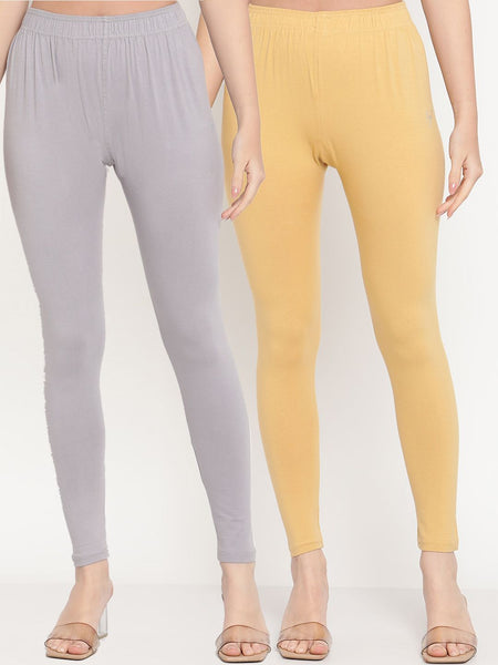 TAG 7 Women Pack Of 2 Beige & Grey Solid Ankle-Length Leggings