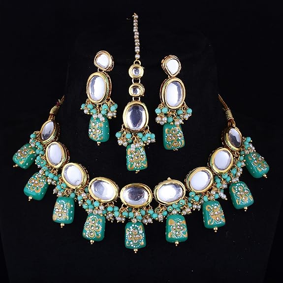 Tehzeeb Creations Back Meenakari Gold-Polished Tika Earring Jewellery Set Uncut Kundan Big Faux Kundan Dibbi Kundan Choker Necklace Set
