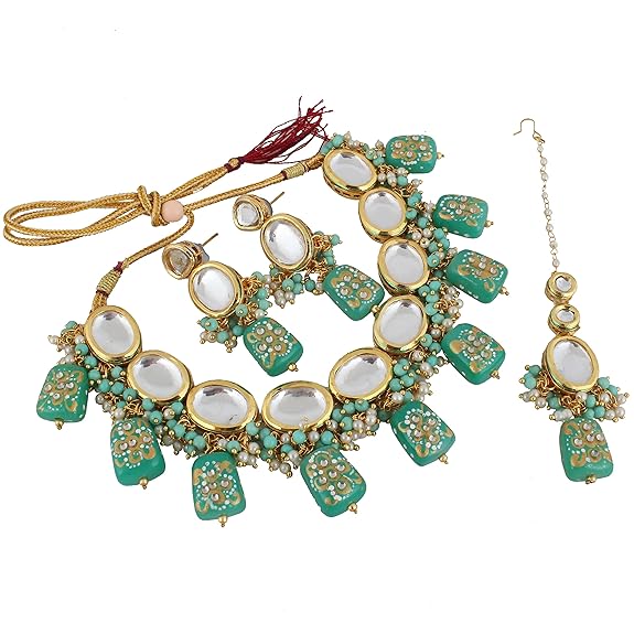 Tehzeeb Creations Back Meenakari Gold-Polished Tika Earring Jewellery Set Uncut Kundan Big Faux Kundan Dibbi Kundan Choker Necklace Set