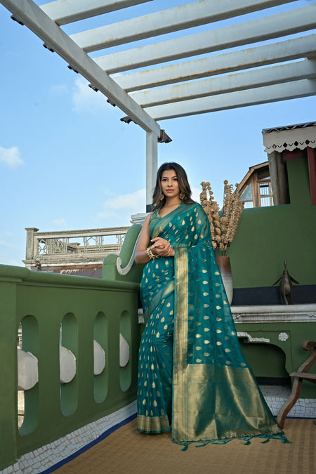 Vardha Teal Blue Golden Zari Banarasi Organza Saree