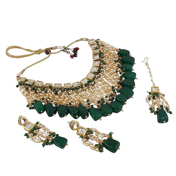 Tehzeeb Creations Back Meenakari Gold-Polished Green Color Square Shape Tika Earring Jewellery Set Uncut Kundan Big Faux Kundan Dibbi Kundan Choker Necklace Set