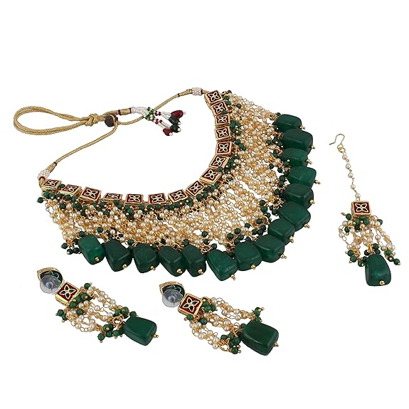 Tehzeeb Creations Back Meenakari Gold-Polished Green Color Square Shape Tika Earring Jewellery Set Uncut Kundan Big Faux Kundan Dibbi Kundan Choker Necklace Set