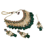 Tehzeeb Creations Back Meenakari Gold-Polished Green Color Square Shape Tika Earring Jewellery Set Uncut Kundan Big Faux Kundan Dibbi Kundan Choker Necklace Set