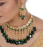 Tehzeeb Creations Back Meenakari Gold-Polished Green Color Square Shape Tika Earring Jewellery Set Uncut Kundan Big Faux Kundan Dibbi Kundan Choker Necklace Set