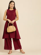 All About You Women Maroon Self Design Pure Cotton A-Line Kurta with Palazzos