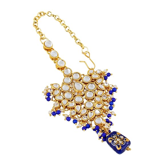 Tehzeeb Creations Traditional Gold-Polished Designer Blue Color Dulhan Choker Kundan Bridal Set