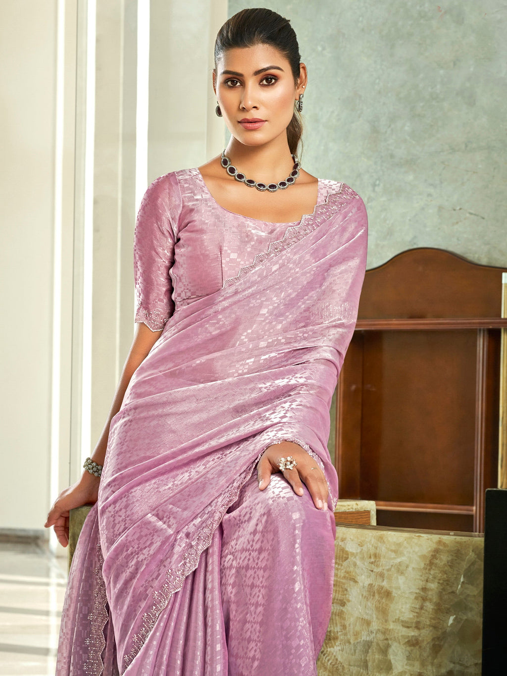 Stylee Lifestyle Pink Silk Blend Embellished Saree - Distacart
