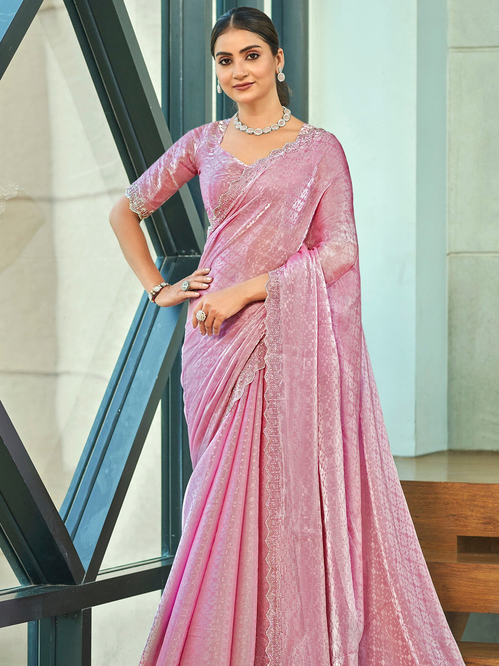 Stylee Lifestyle Pink Silk Blend Embellished Saree - Distacart