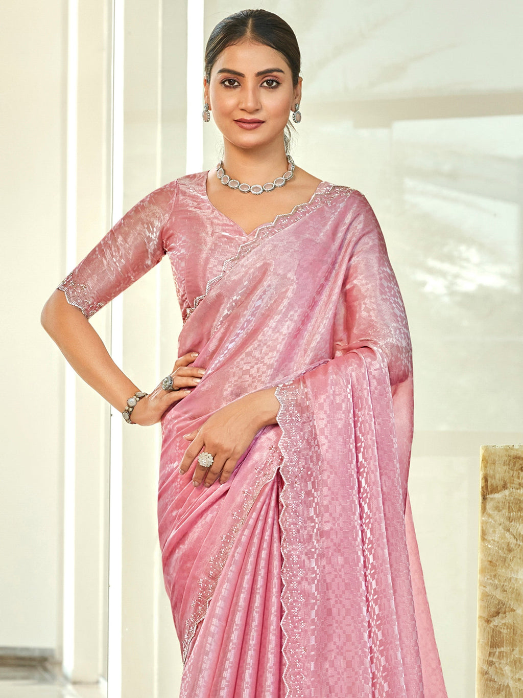 Stylee Lifestyle Pink Silk Blend Embellished Saree - Distacart