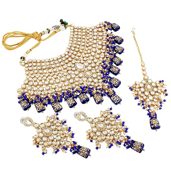 Tehzeeb Creations Traditional Gold-Polished Designer Blue Color Dulhan Choker Kundan Bridal Set
