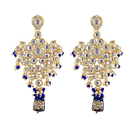 Tehzeeb Creations Traditional Gold-Polished Designer Blue Color Dulhan Choker Kundan Bridal Set