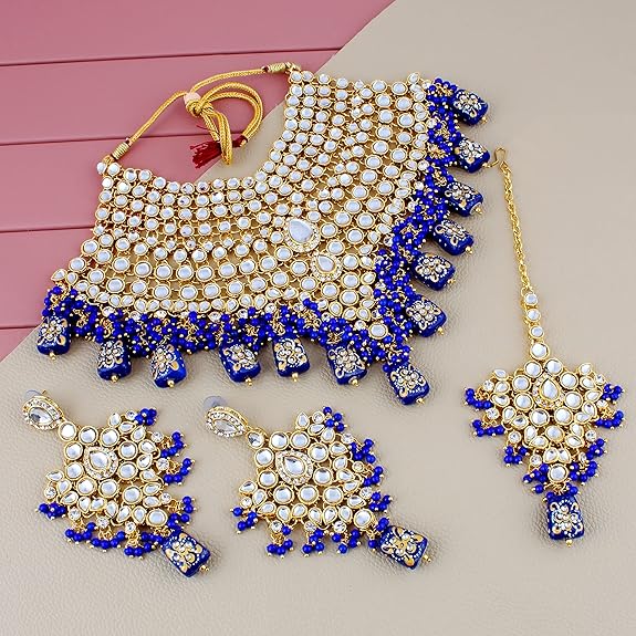 Tehzeeb Creations Traditional Gold-Polished Designer Blue Color Dulhan Choker Kundan Bridal Set