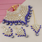 Tehzeeb Creations Traditional Gold-Polished Designer Blue Color Dulhan Choker Kundan Bridal Set