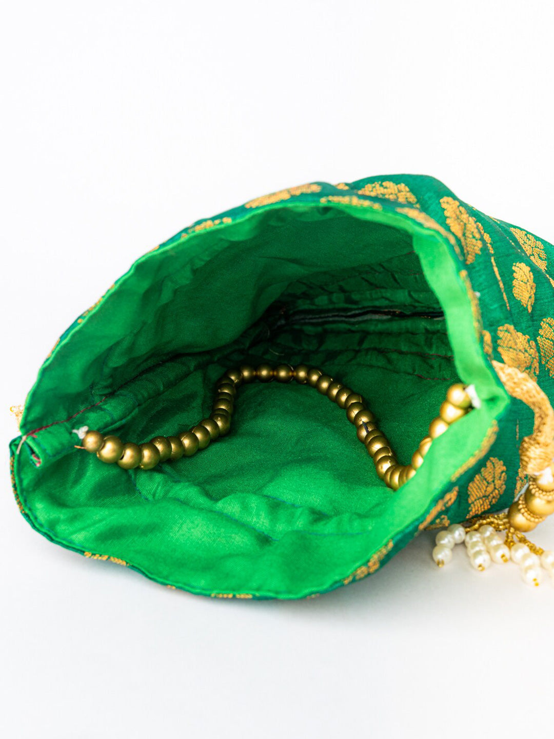 NR By Nidhi Rathi Green & Gold-Toned Banarasi Printed Potli Clutch - Distacart