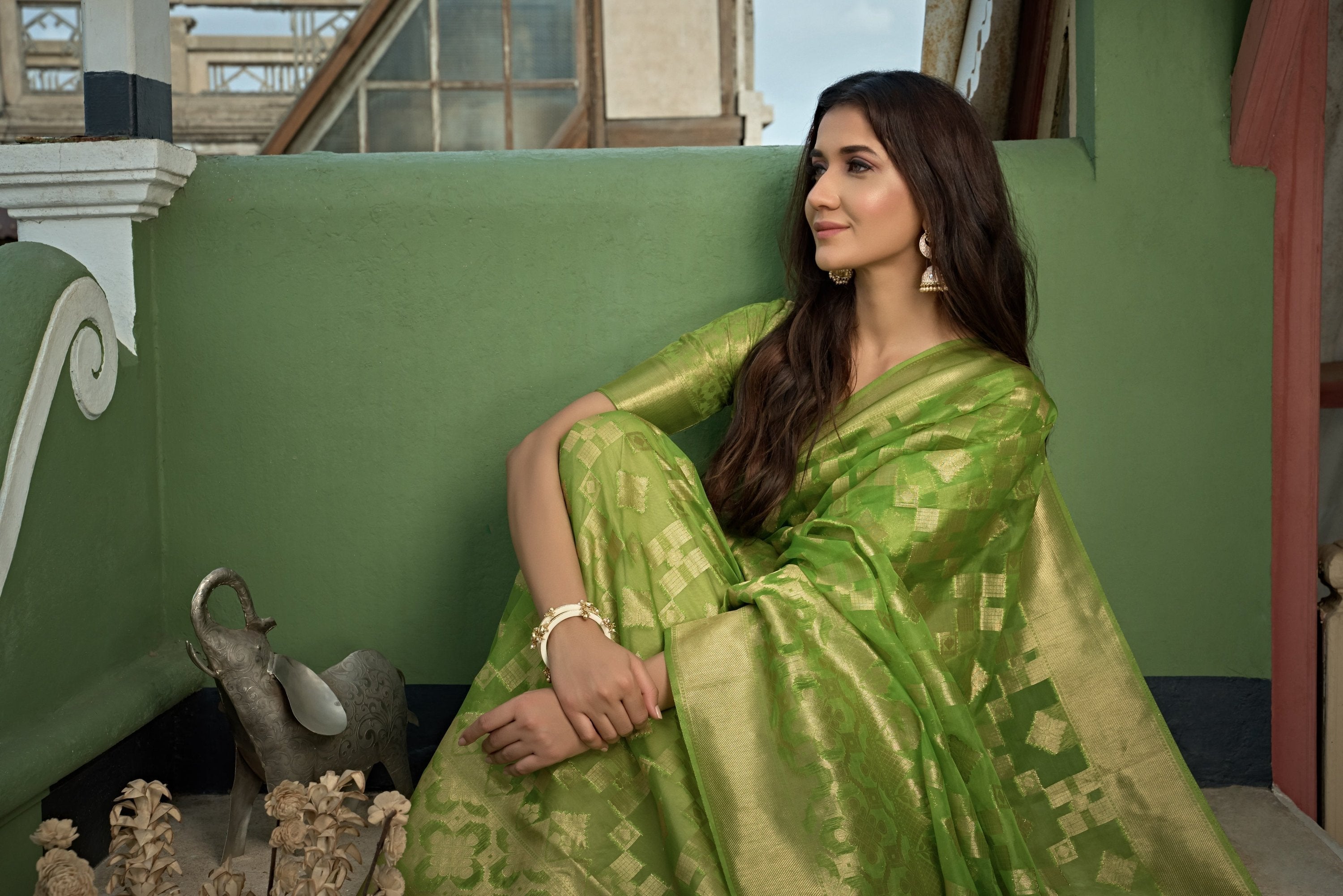 Vardha Lime Green Golden Zari Banarasi Organza Saree