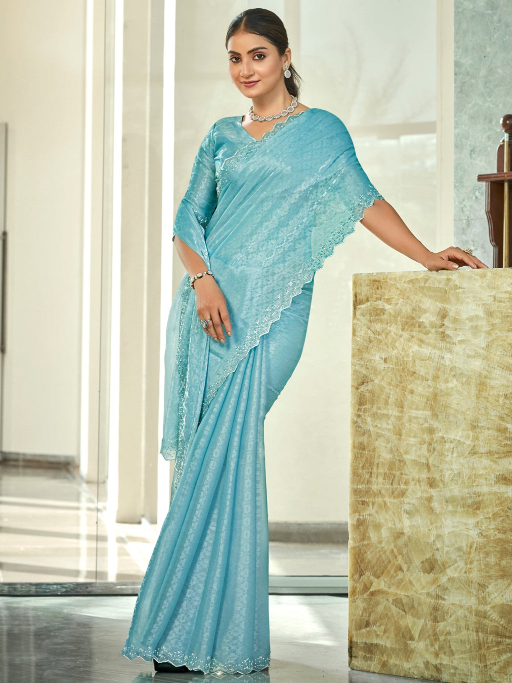 Stylee Lifestyle Sky Blue Silk Blend Embellished Saree - Distacart