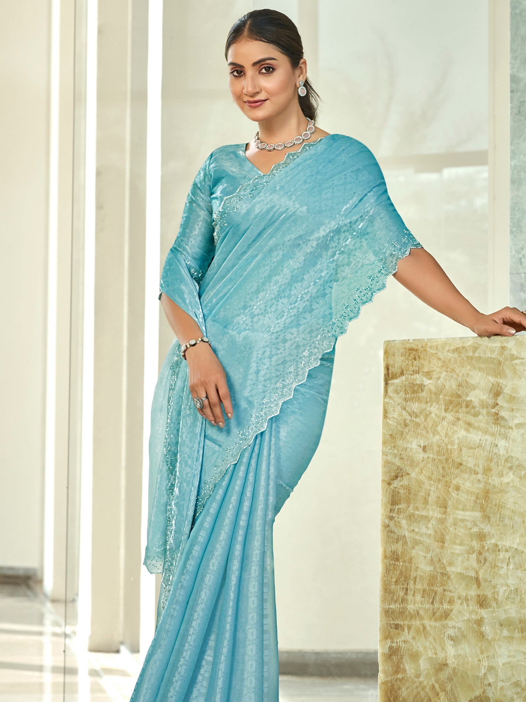 Stylee Lifestyle Sky Blue Silk Blend Embellished Saree - Distacart