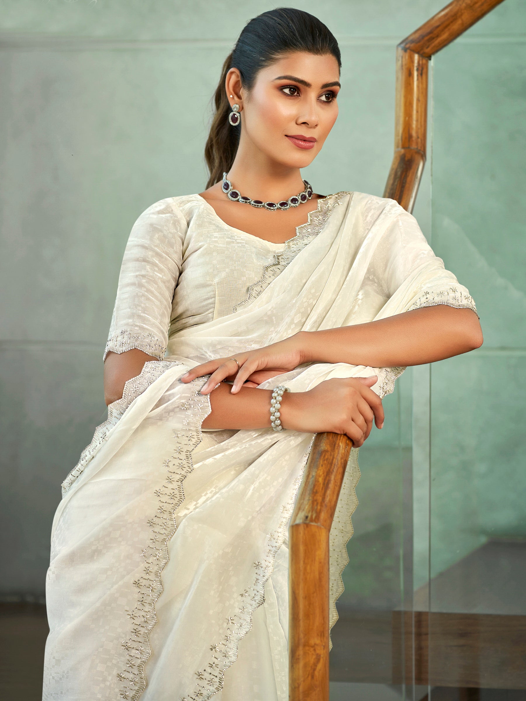 Stylee Lifestyle Cream Silk Blend Embellished Saree - Distacart