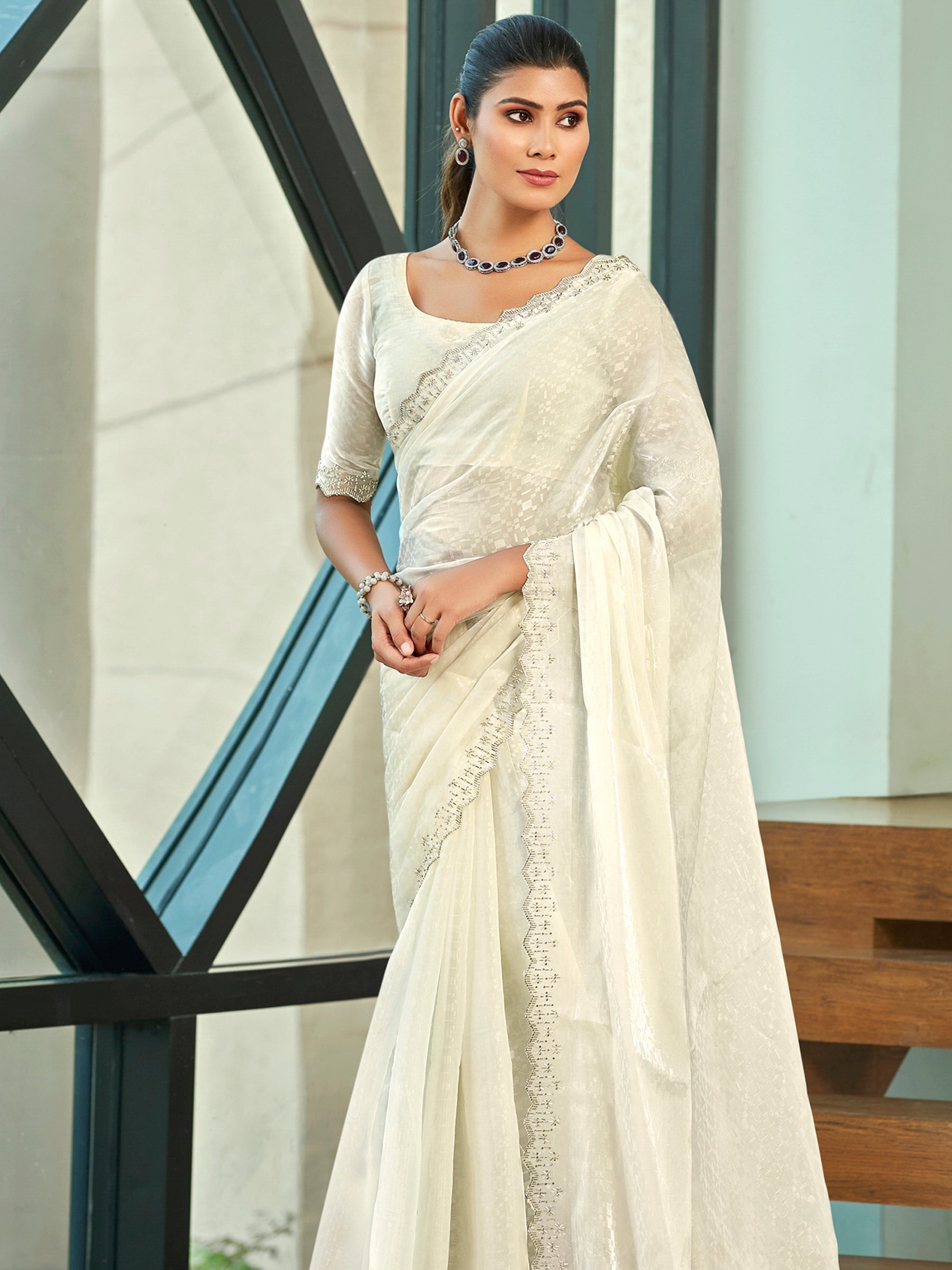 Stylee Lifestyle Cream Silk Blend Embellished Saree - Distacart