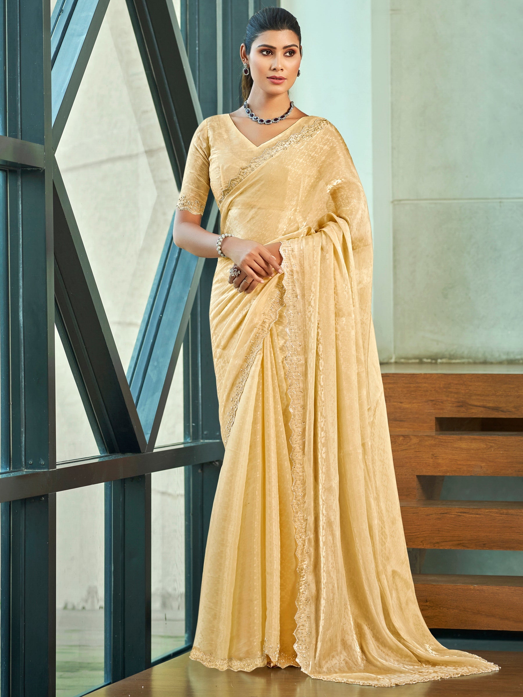 Stylee Lifestyle Ivory Silk Blend Embellished Saree - Distacart