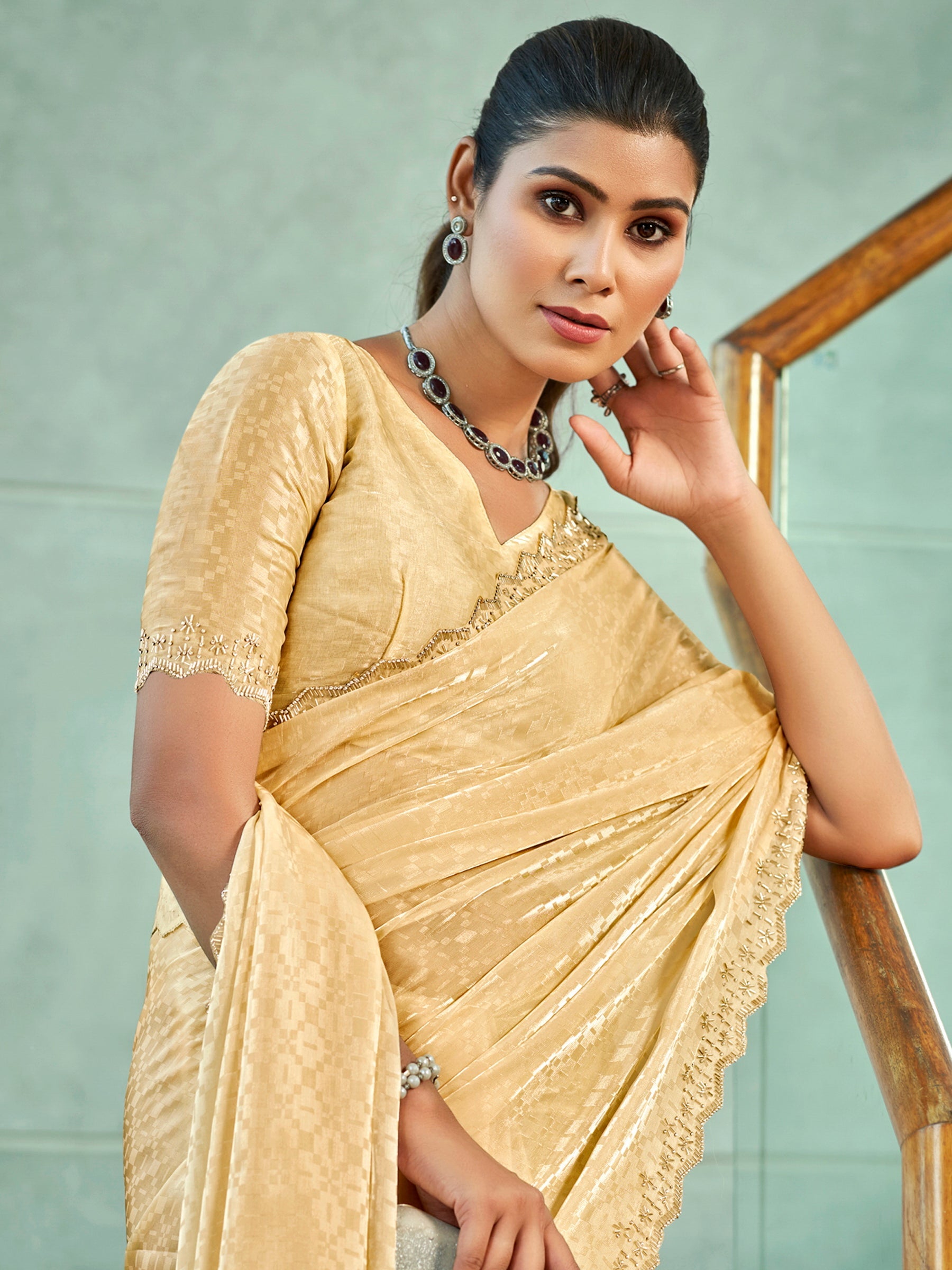 Stylee Lifestyle Ivory Silk Blend Embellished Saree - Distacart