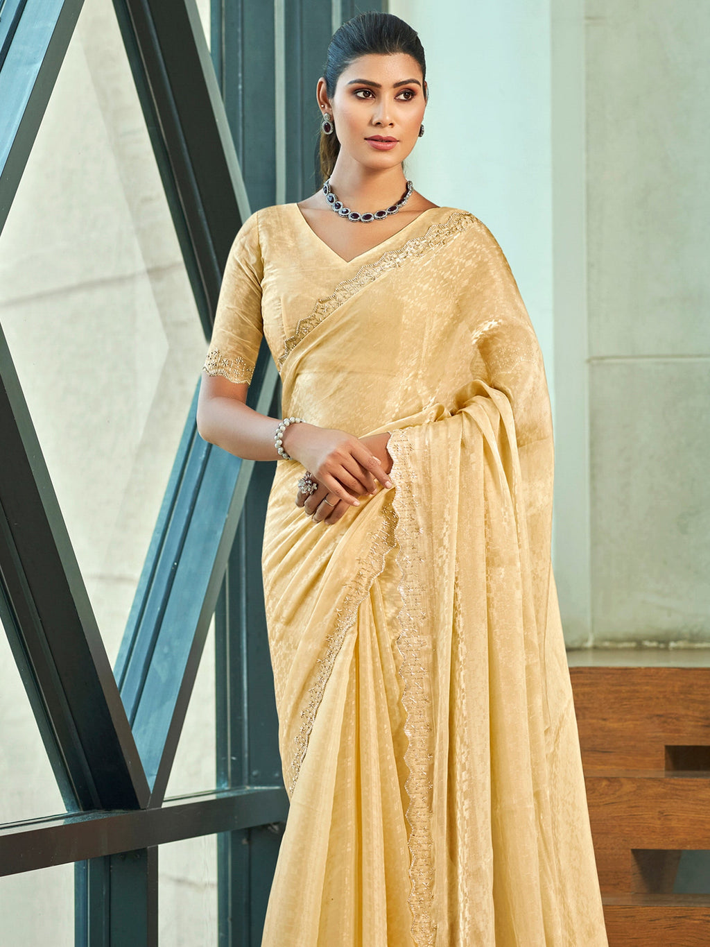 Stylee Lifestyle Ivory Silk Blend Embellished Saree - Distacart