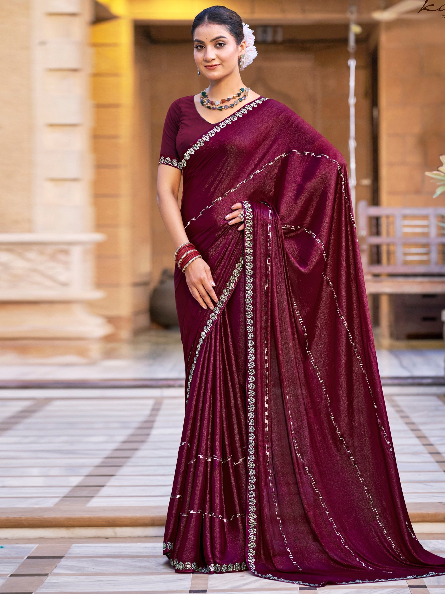 Stylee Lifestyle Maroon Shimmer Chiffon Embellished Saree - Distacart