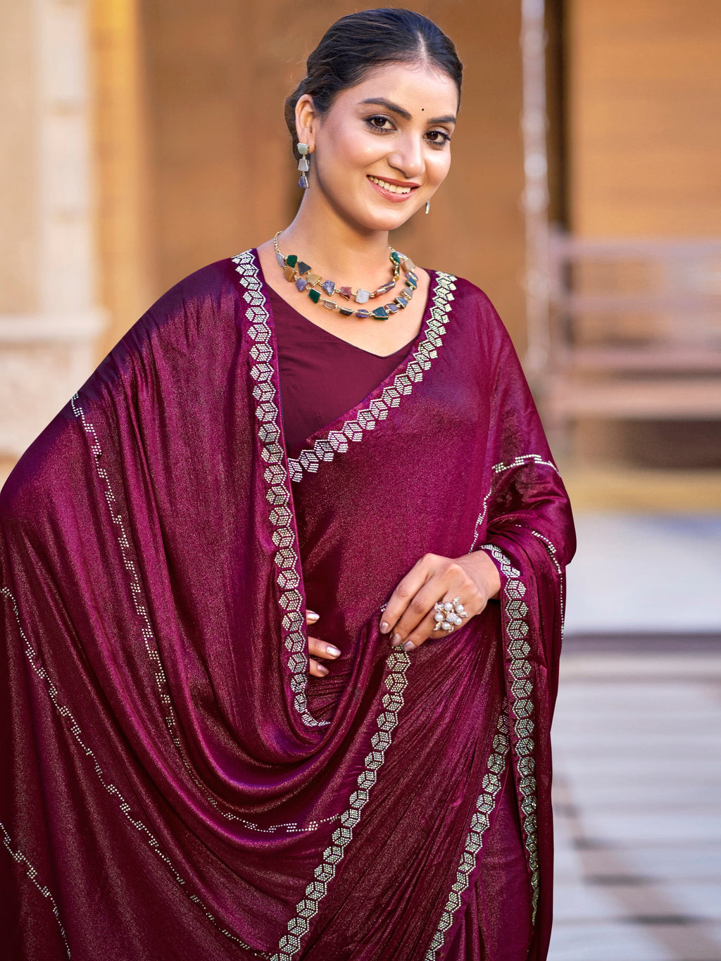 Stylee Lifestyle Maroon Shimmer Chiffon Embellished Saree - Distacart