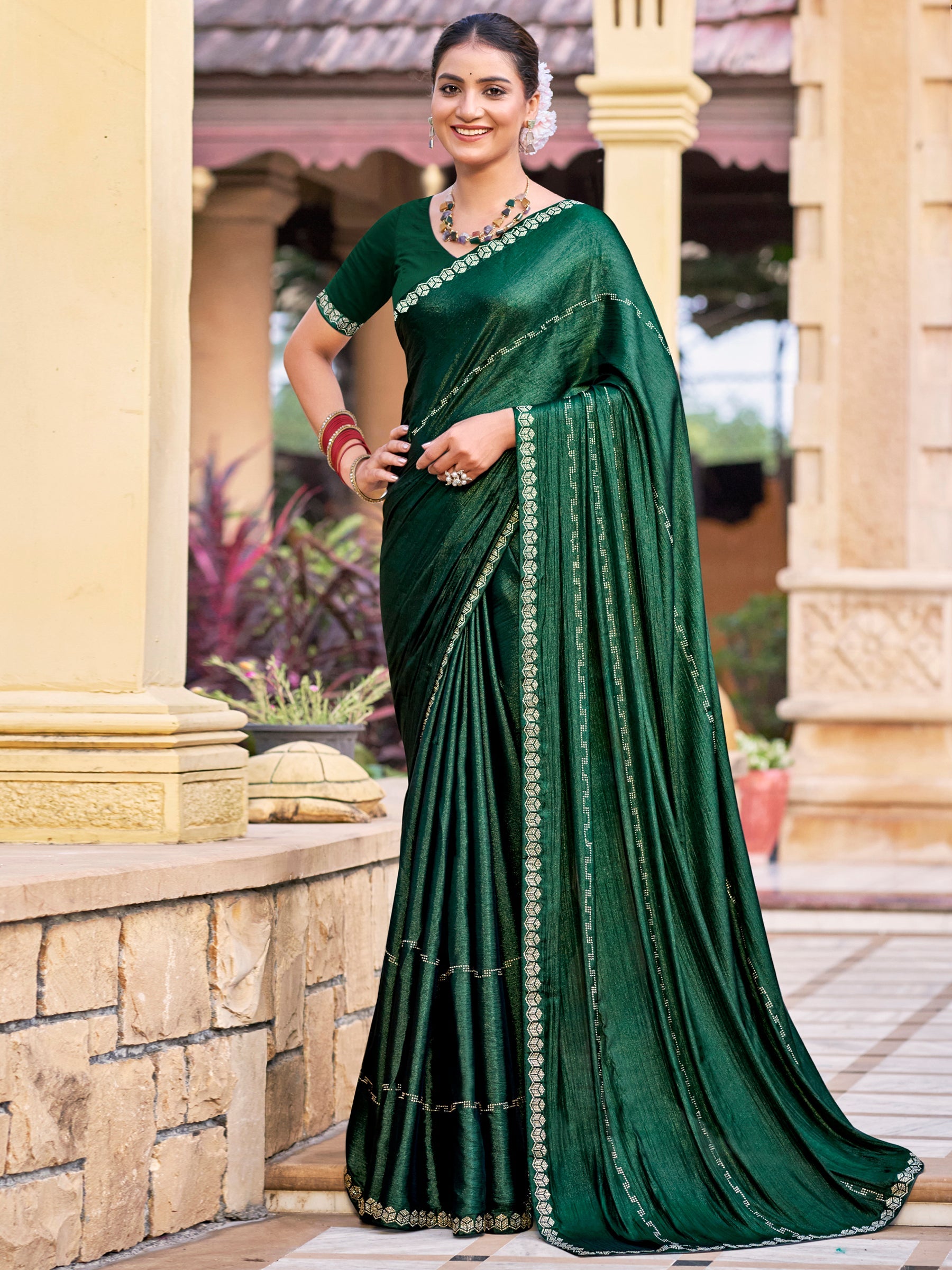 Stylee Lifestyle Green Shimmer Chiffon Embellished Saree - Distacart