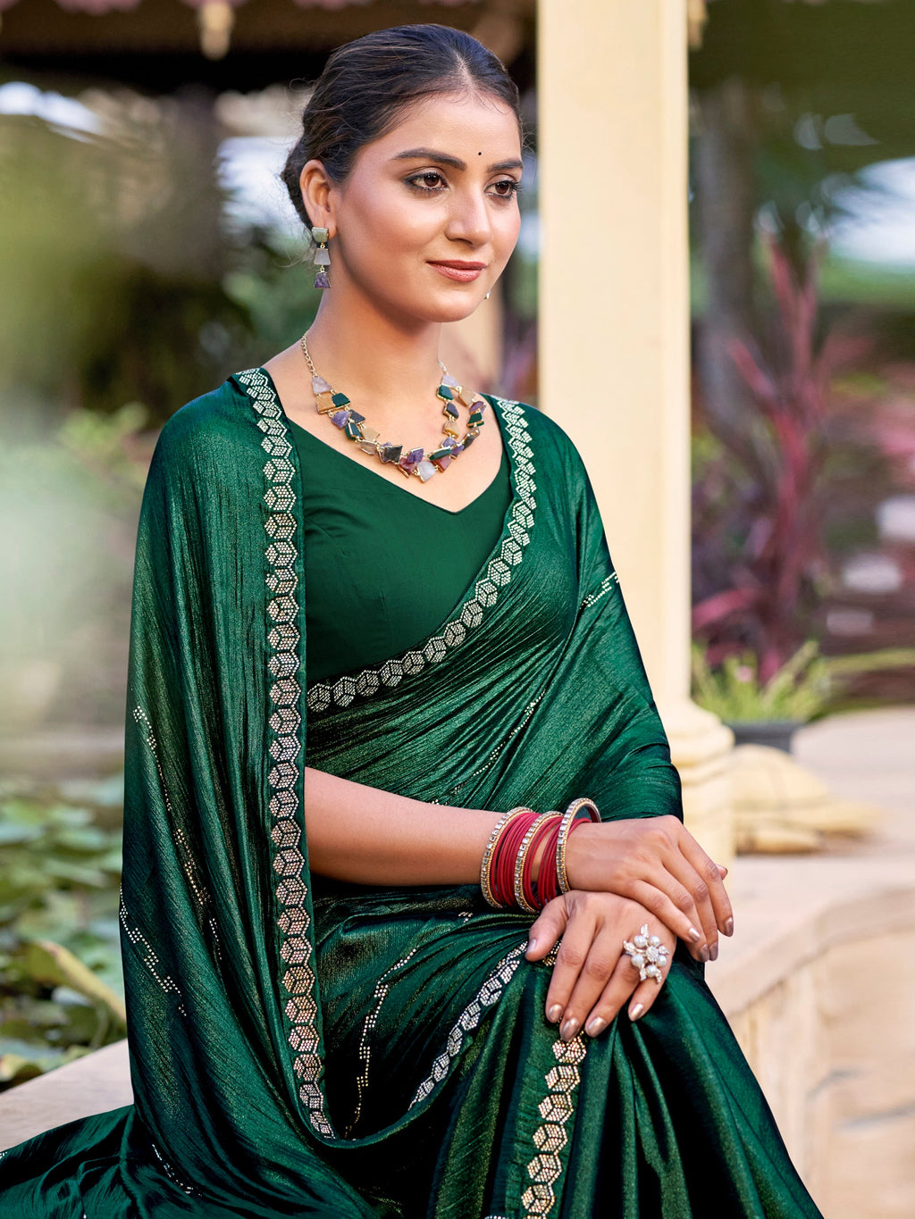 Stylee Lifestyle Green Shimmer Chiffon Embellished Saree - Distacart