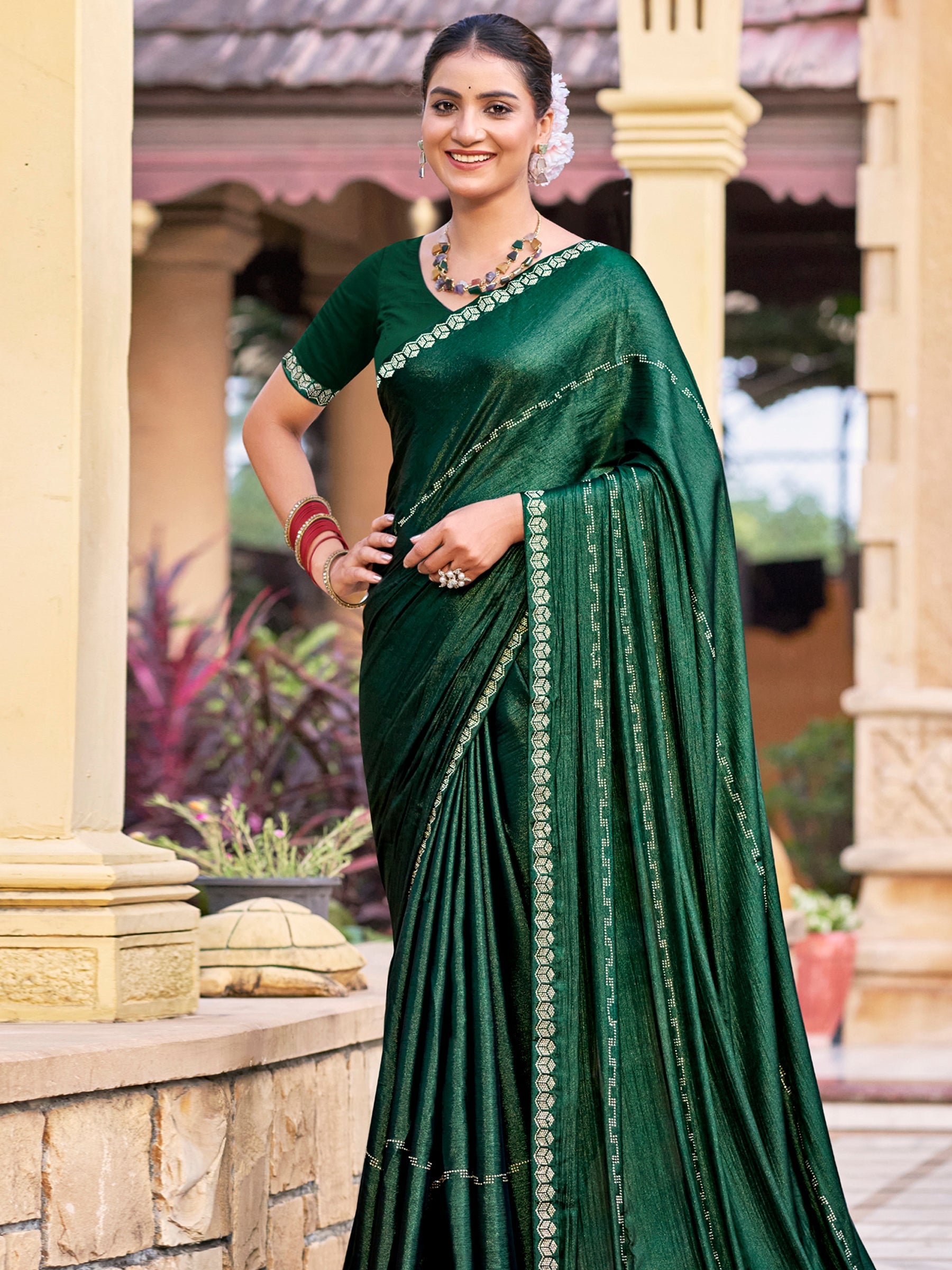 Stylee Lifestyle Green Shimmer Chiffon Embellished Saree - Distacart